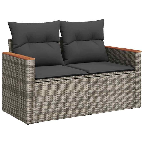 vidaXL 9-tlg. Garten-Sofagarnitur mit Kissen Grau Poly Rattan Akazie