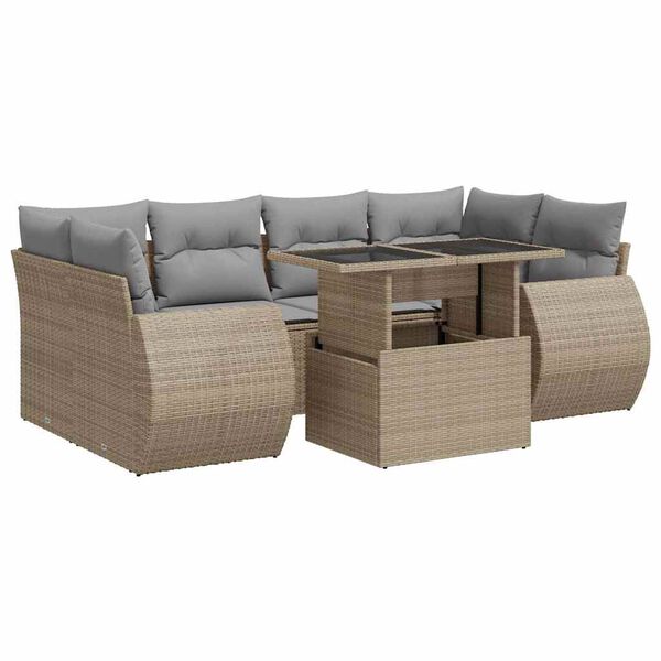 vidaXL 7-tlg. Garten-Sofagarnitur mit Kissen Beige Poly Rattan