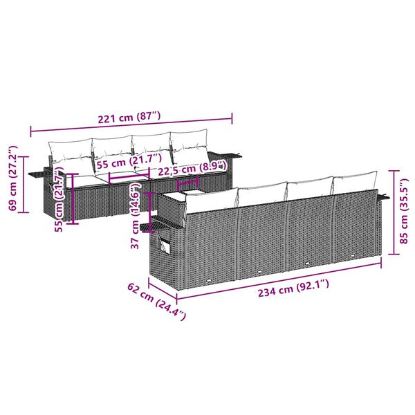 vidaXL 9-tlg. Garten-Sofagarnitur mit Kissen Schwarz Poly Rattan