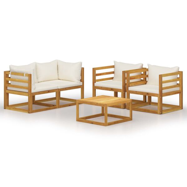 vidaXL 5-tlg. Garten-Lounge-Set mit Auflagen Creme Massivholz Akazie