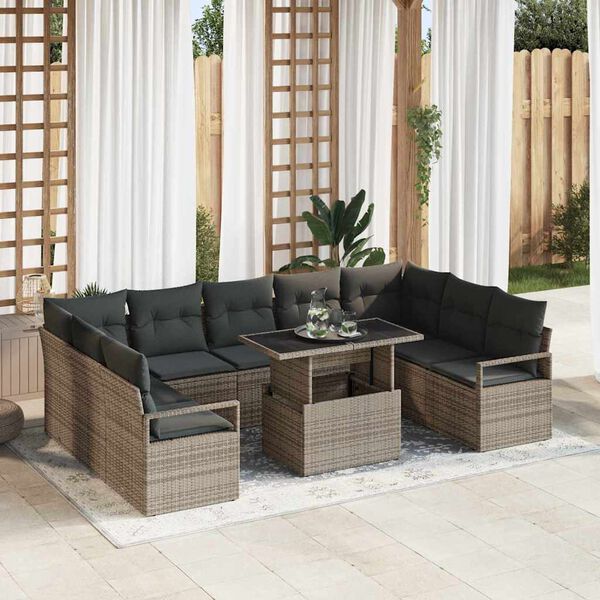 vidaXL Garten-Sofa-Set mit Kissen 10 pcs Grau Poly-Rattan