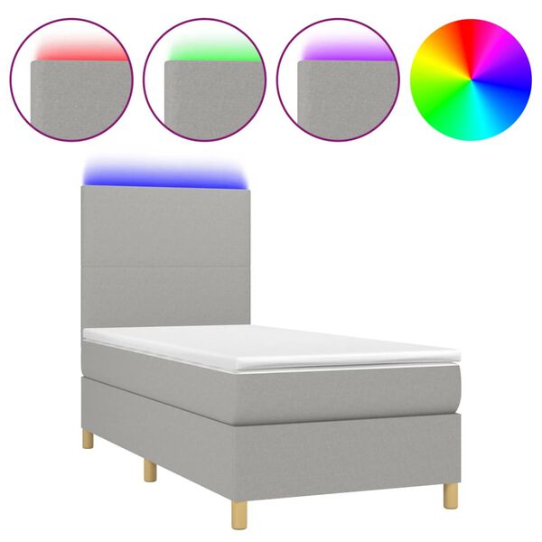 vidaXL Boxspringbett mit Matratze & LED Hellgrau 90x190 cm Stoff