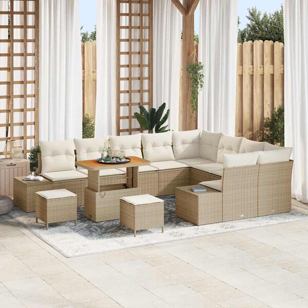 vidaXL Gartensofa-set mit Kissen mit Speicher 12 pcs Beige Poly Rattan
