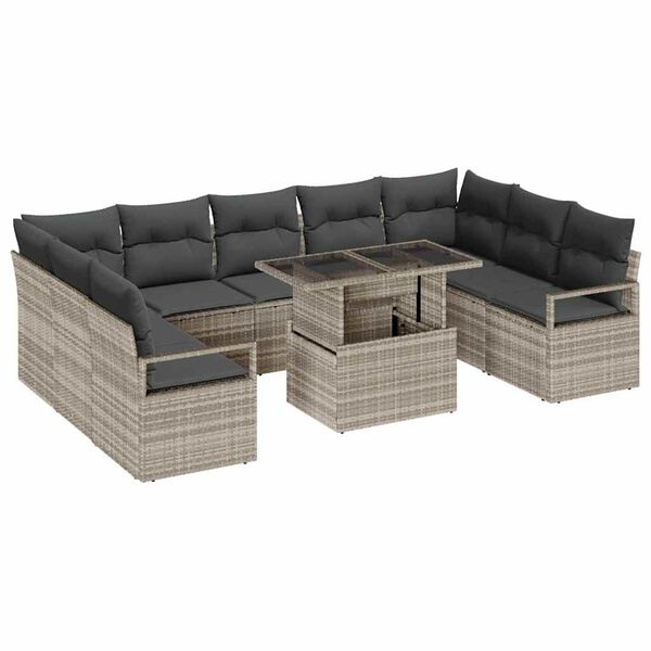 vidaXL Garten-Sofa-Set mit Kissen 10 pcs Hellgrau Poly-Rattan