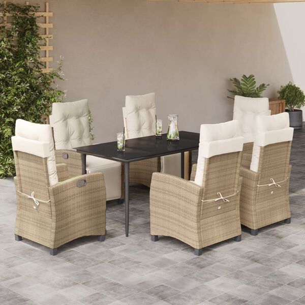 vidaXL 7-tlg. Garten-Essgruppe mit Kissen Beige Poly Rattan