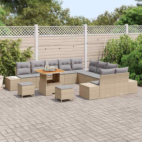 vidaXL Gartensofa-set mit Kissen mit Speicher 13 pcs Beige Poly Rattan