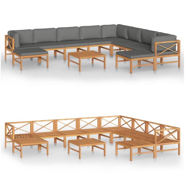 vidaXL 11-tlg. Garten-Lounge-Set mit Grauen Kissen Massivholz Teak
