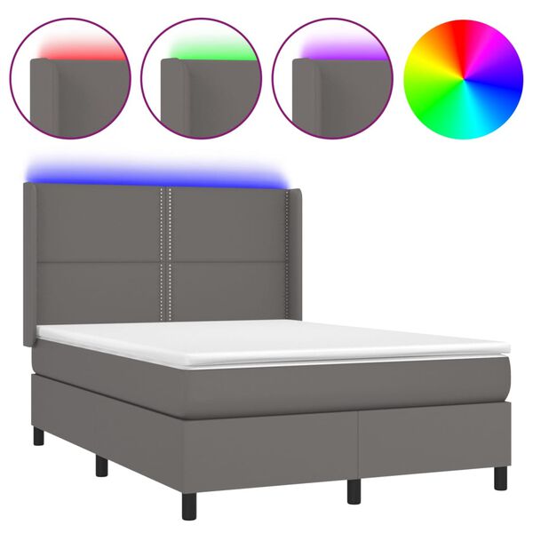 vidaXL Boxspringbett mit Matratze & LED Grau 140x190 cm Kunstleder