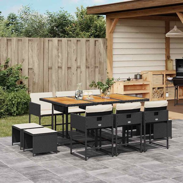 vidaXL 11-tlg. Garten-Essgruppe mit Kissen Schwarz Poly Rattan