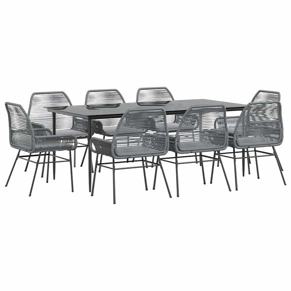 vidaXL 9-tlg. Garten-Essgruppe mit Kissen Grau Poly Rattan Glas