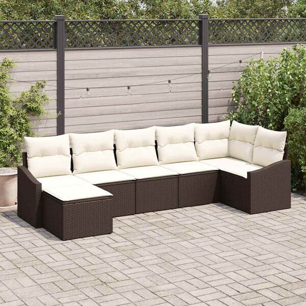 vidaXL Garten-Sofa-Set mit Kissen 7 pcs Braun und Creme Poly-Rattan