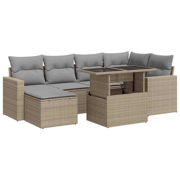 vidaXL 7-tlg. Garten-Sofagarnitur mit Kissen Beige Poly Rattan