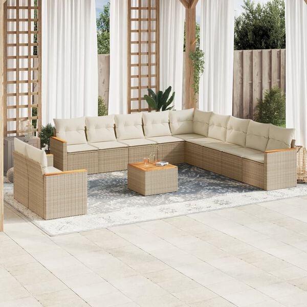 vidaXL 12-tlg. Garten-Sofagarnitur mit Kissen Beige Poly Rattan