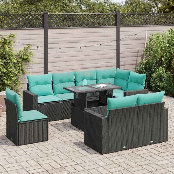 vidaXL 9-tlg. Garten-Sofagarnitur mit Kissen Schwarz Poly Rattan