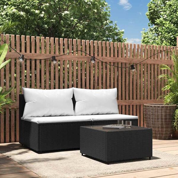 vidaXL 3-tlg. Garten-Lounge-Set mit Kissen Schwarz Poly Rattan