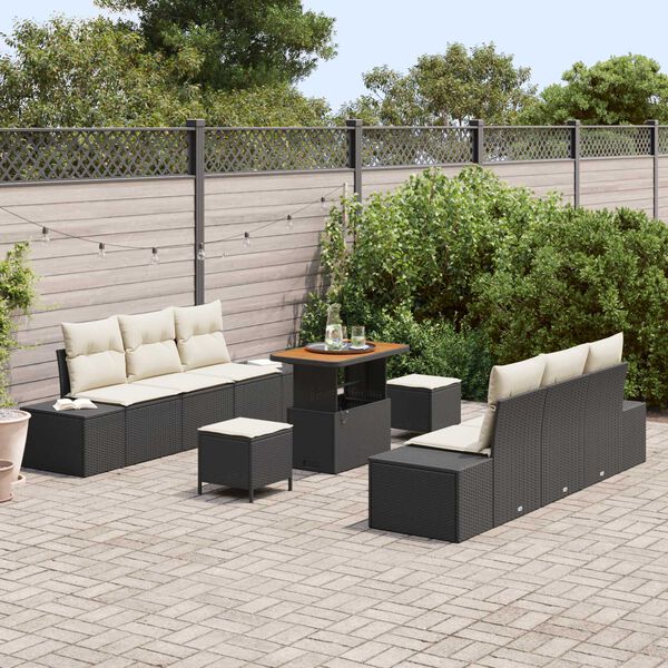 vidaXL Garten-Sofa-Set mit Kissen mit Speicher 9 pcs Schwarz und Creme