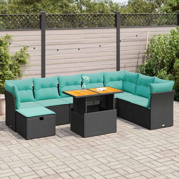 vidaXL 9-tlg. Garten-Sofagarnitur mit Kissen Grau Poly Rattan Akazie