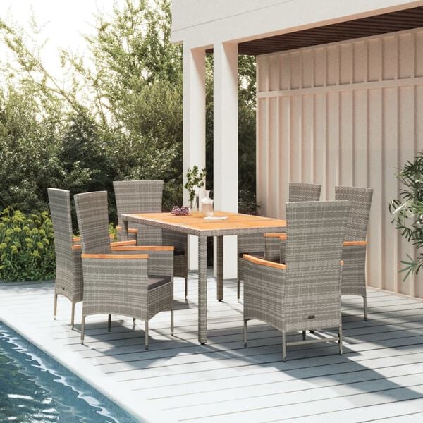 vidaXL 7-tlg. Garten-Essgruppe mit Kissen Grau Poly Rattan
