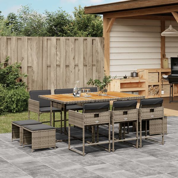 vidaXL 11-tlg. Garten-Essgruppe mit Kissen Grau Poly Rattan