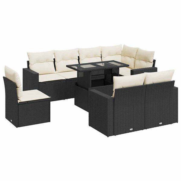 vidaXL 9-tlg. Garten-Sofagarnitur mit Kissen Schwarz Poly Rattan