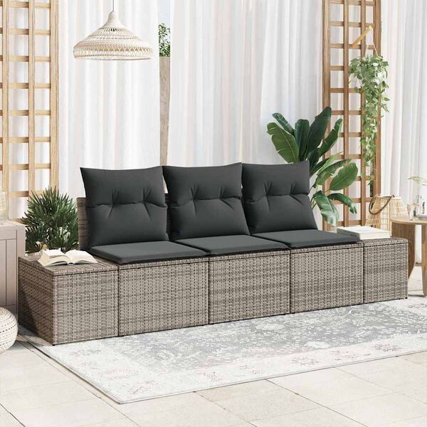 vidaXL Sofa Set mit Kissen 3 pcs Grau Poly-Rattan