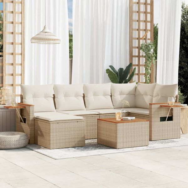 vidaXL 7-tlg. Garten-Sofagarnitur mit Kissen Beige Poly Rattan