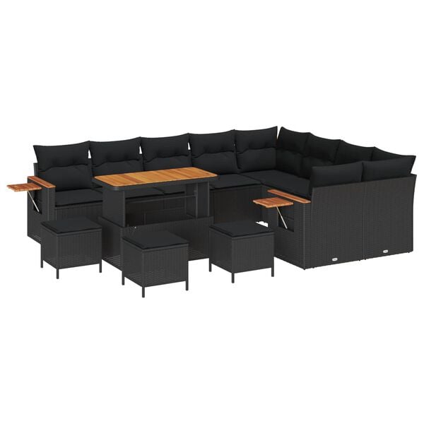 vidaXL Garten-Sofa-Set mit Kissen mit Speicher Schwarz Poly Rattan