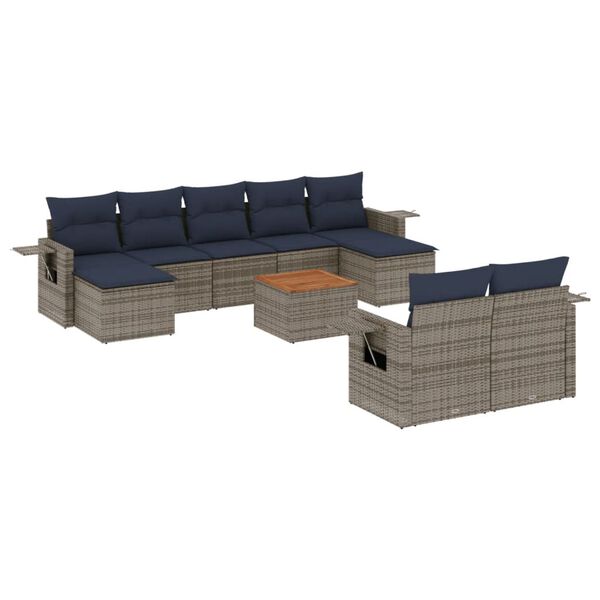 vidaXL 10-teiliges Gartensofa-Set mit Kissen, grau, Polyrattan
