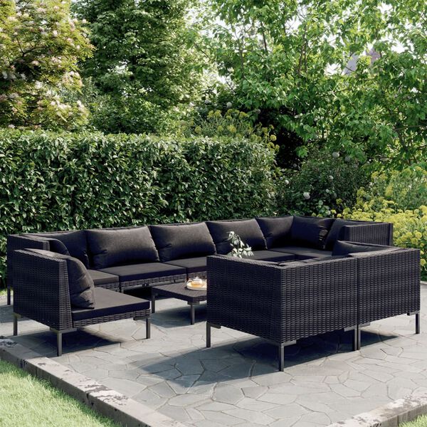 vidaXL 10-tlg. Garten-Lounge-Set mit Kissen Poly Rattan Dunkelgrau