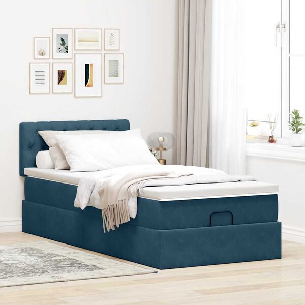 vidaXL Ottoman-Bett mit Matratze & LEDs Dunkelblau 90x190 cm Samt