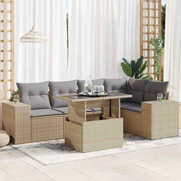 vidaXL 6-tlg. Garten-Sofagarnitur mit Kissen Beige Poly Rattan