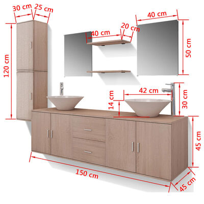 vidaXL 11-tlg. Badmöbel-Set mit Waschbecken und Wasserhahn Beige