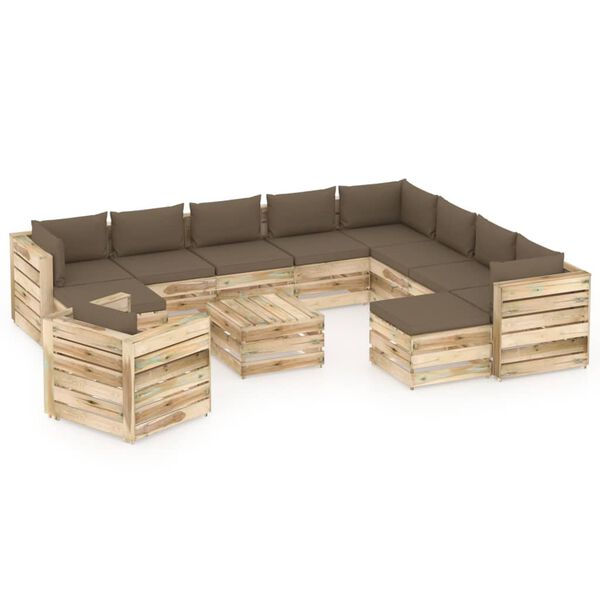 vidaXL 12-tlg. Garten-Lounge-Set mit Kissen Gr&uuml;n Impr&auml;gniertes Holz