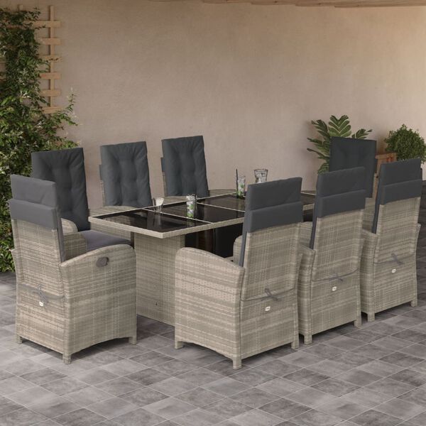 vidaXL 9-tlg. Garten-Essgruppe mit Kissen Hellgrau Poly Rattan