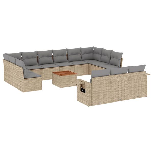 vidaXL 14-tlg. Garten-Sofagarnitur mit Kissen Beige Poly Rattan