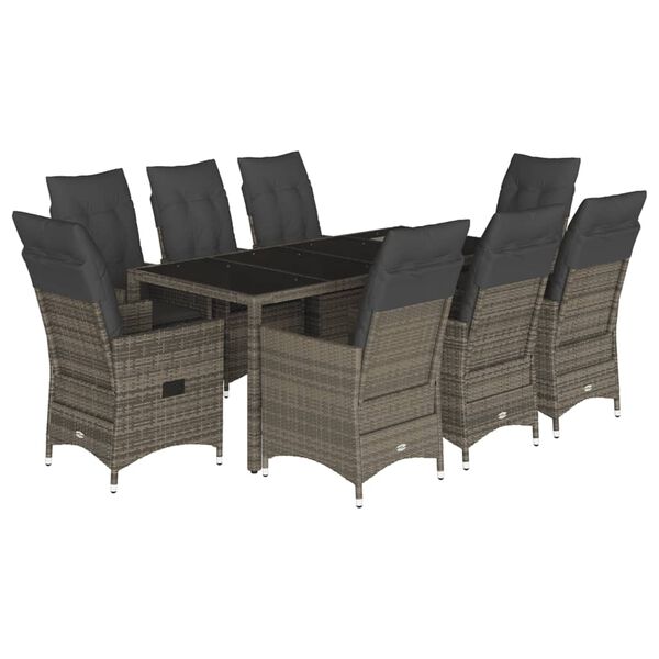 vidaXL 9-tlg. Garten-Essgruppe mit Kissen Grau Poly Rattan