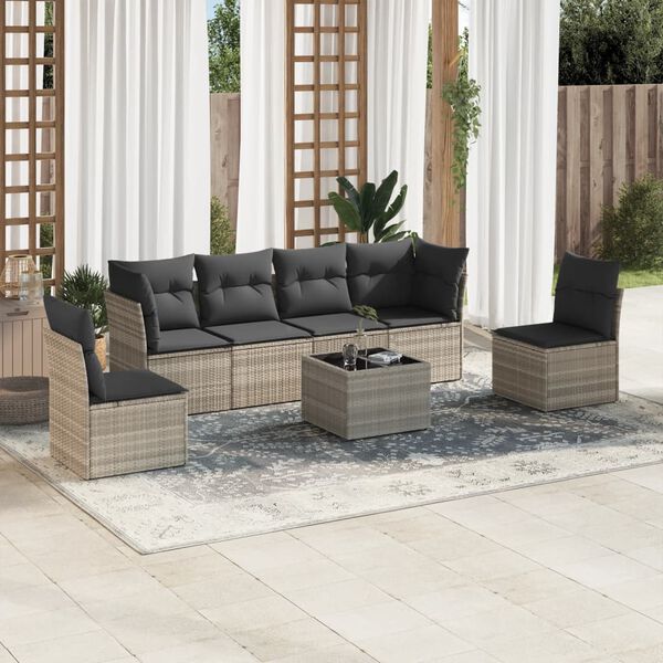 vidaXL 7-tlg. Garten-Sofagarnitur mit Kissen Hellgrau Poly Rattan