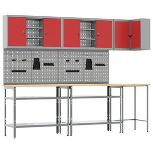vidaXL Arbeitsschrankset mit Regal mit Speicher 10 Stk. Rot und Grau