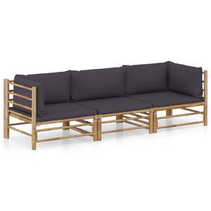 vidaXL 3-tlg. Garten-Lounge-Set mit Dunkelgrauen Kissen Bambus