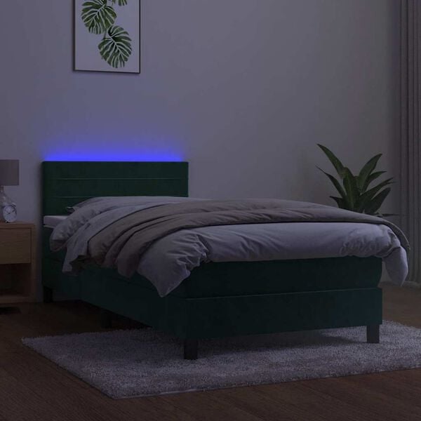 vidaXL Boxspringbett mit Matratze & LED Dunkelgr&uuml;n 90x190 cm Samt