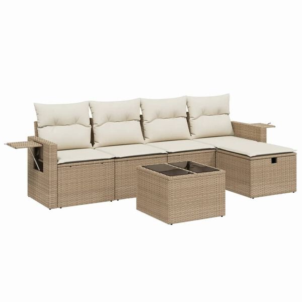 vidaXL 6-tlg. Garten-Sofagarnitur mit Kissen Beige Poly Rattan