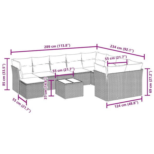 vidaXL 11-tlg. Garten-Sofagarnitur mit Kissen Schwarz Poly Rattan