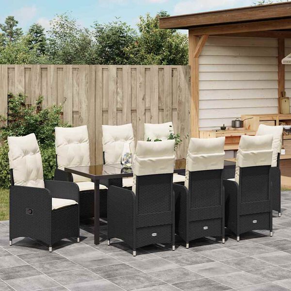 vidaXL Garten Essgruppe mit Kissen 9 pcs Schwarz Poly-Rattan