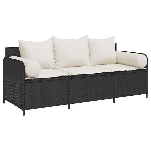 vidaXL Gartensofa mit Kissen 3-Sitzer Schwarz Poly Rattan