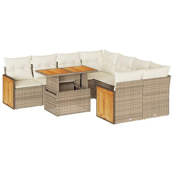 vidaXL 9-tlg. Garten-Sofagarnitur mit Kissen Beige Poly Rattan Akazie