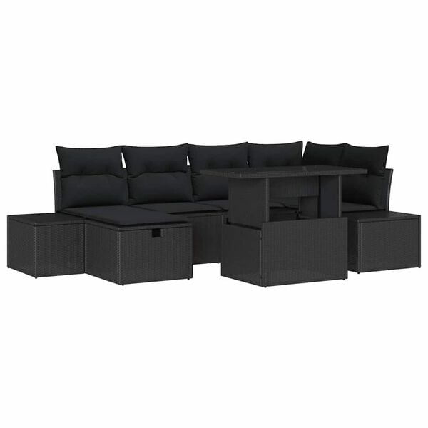 vidaXL Garten-Sofa-Set mit Kissen 7 pcs Schwarz Poly Rattan