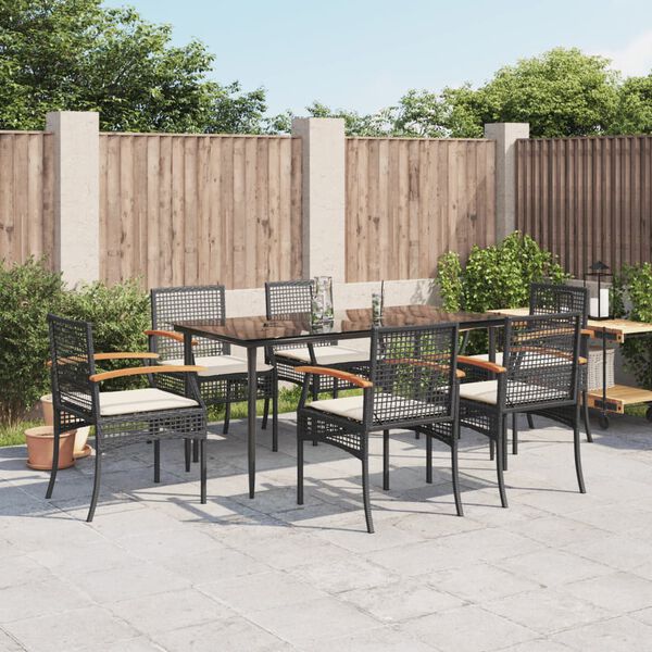 vidaXL 7-tlg. Garten-Essgruppe mit Kissen Schwarz Poly Rattan