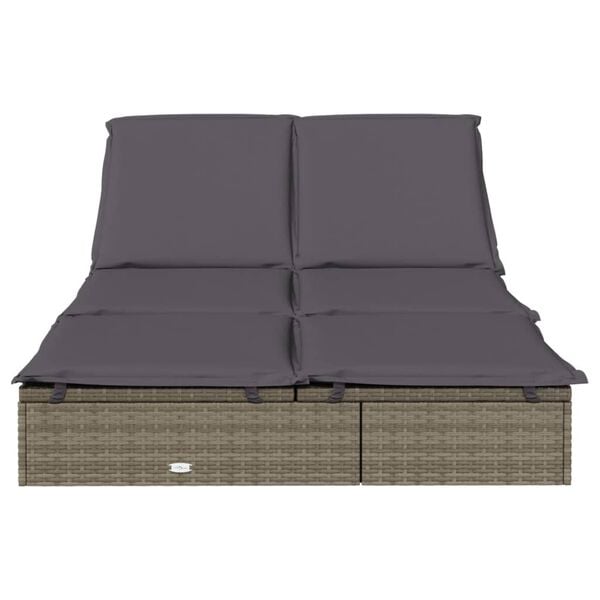vidaXL Sonnenliege f&uuml;r 2 Personen mit Auflage Grau Poly Rattan