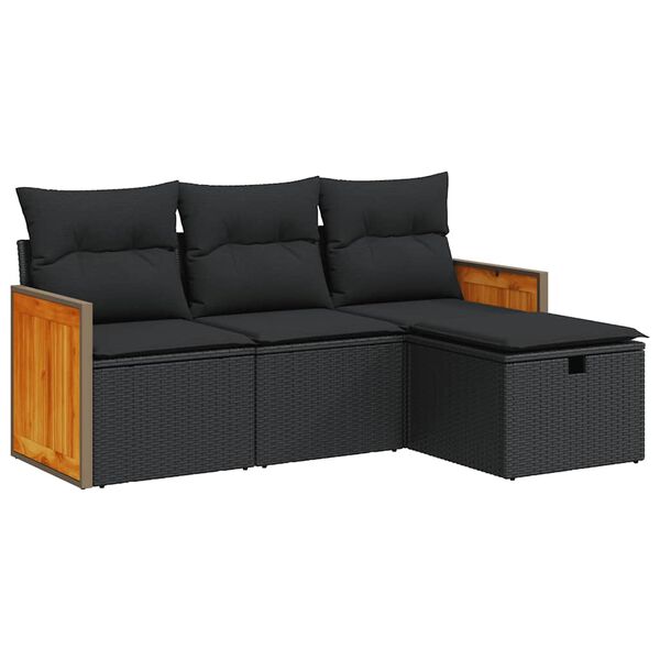 vidaXL 4-tlg. Garten-Sofagarnitur mit Kissen Schwarz Poly Rattan