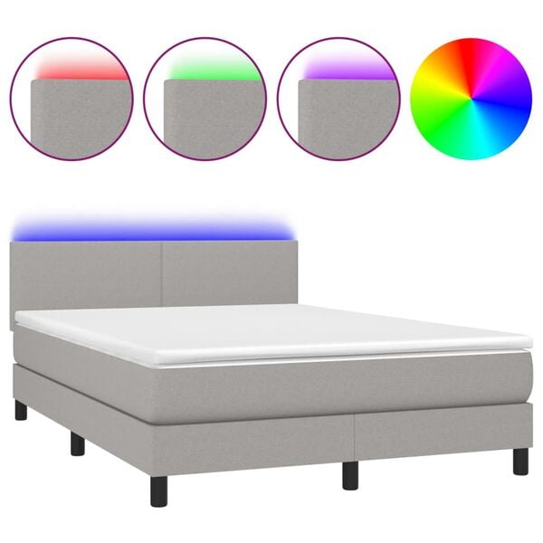 vidaXL Boxspringbett mit Matratze & LED Hellgrau 140x200 cm Stoff